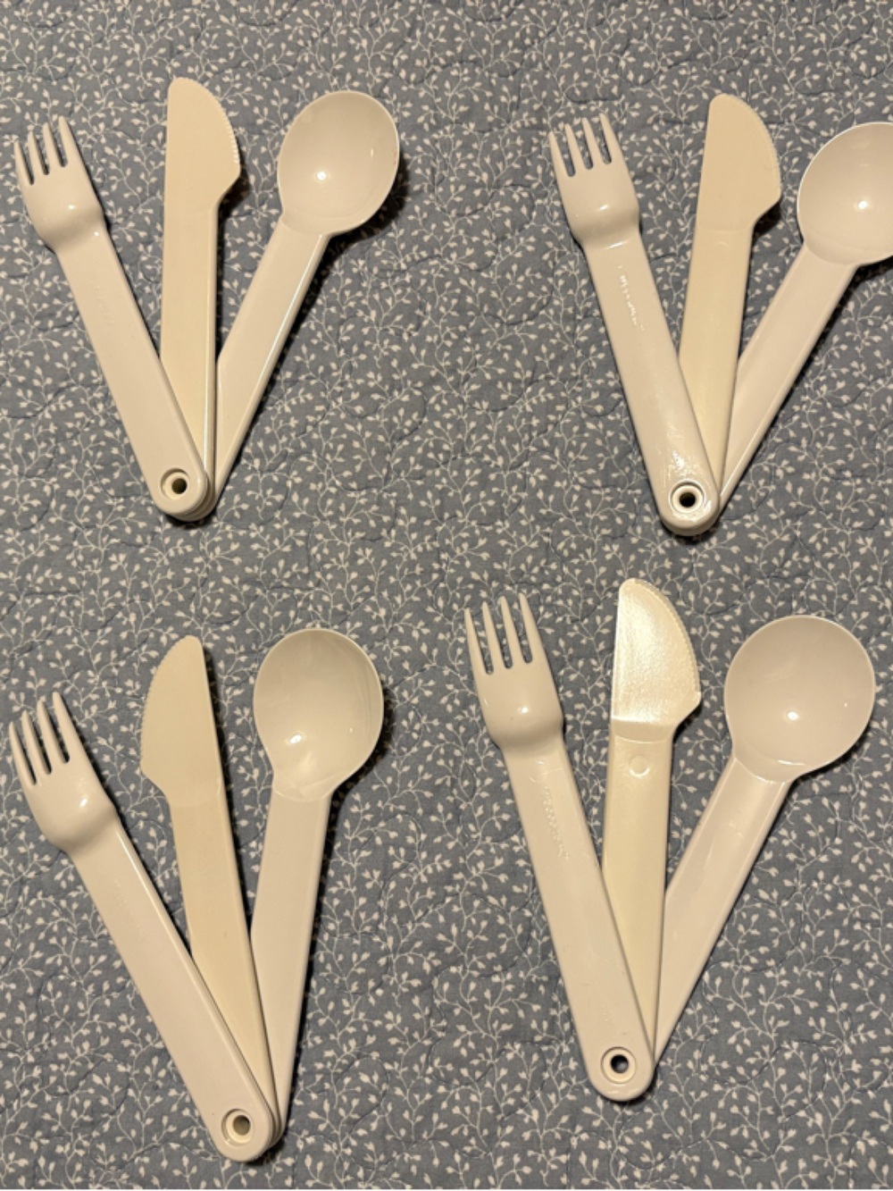 Tupperware: Vintage Cream Snap-together Picnic Cutlery Sets (fork, knife, spoon)